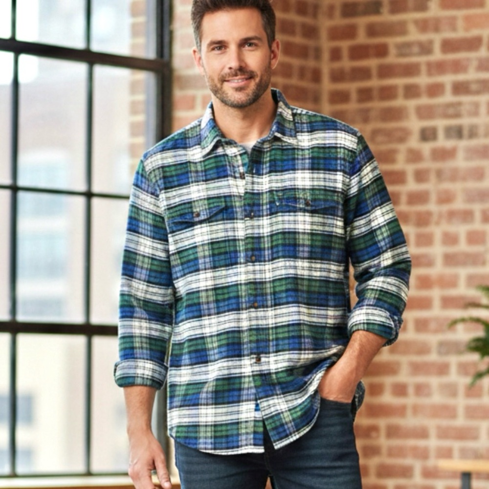 Lucky Brand Men’s Green & Blue Plaid Humbolt Flannel Long Sleeve Shirt Large L